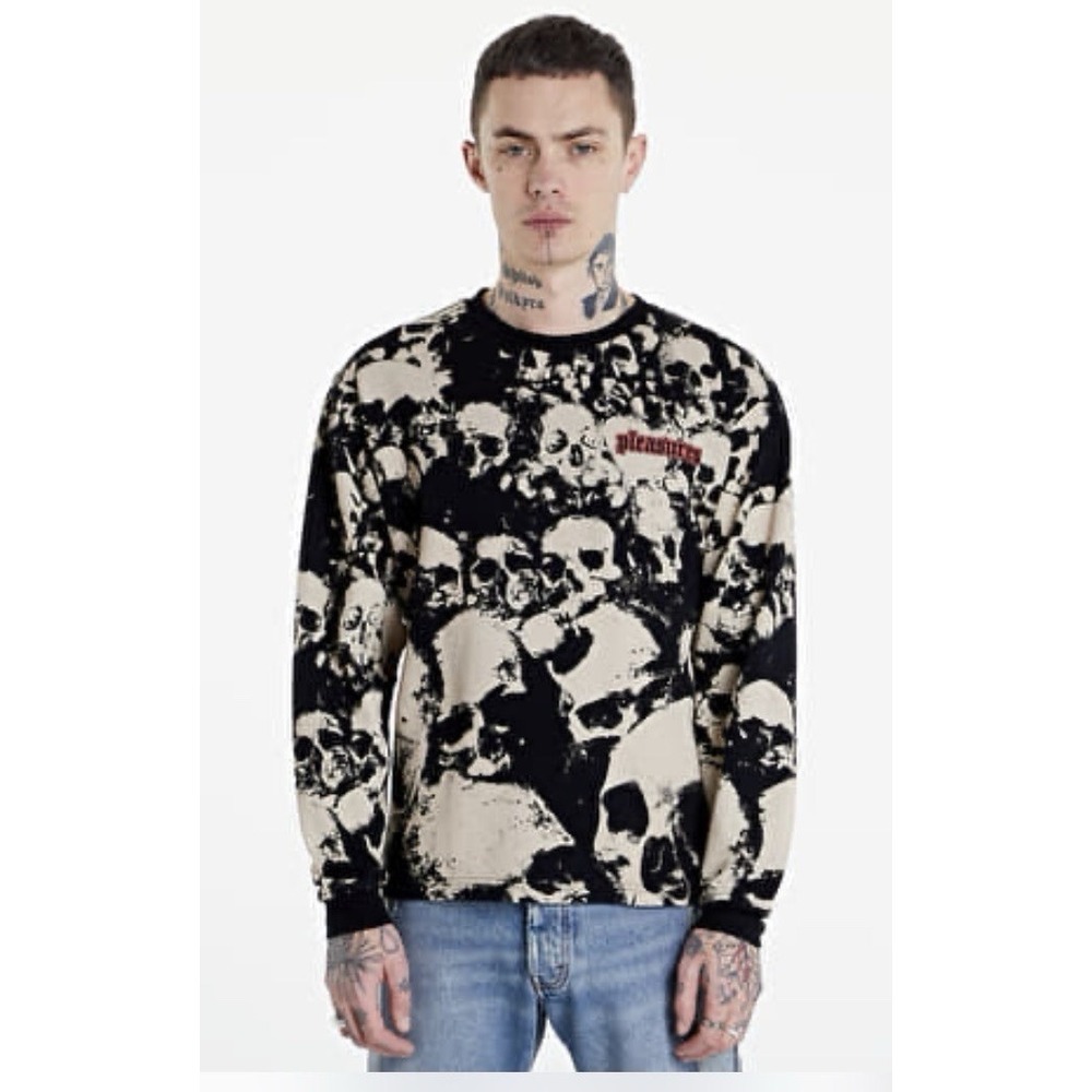 PLEASURES Despair Skull Graphic Print Crewneck Shirt Mens L Pullover Black Goth